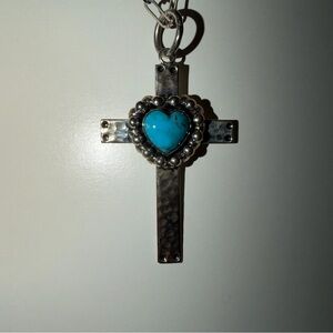 Silver Cross Pendant with Turquoise Heart